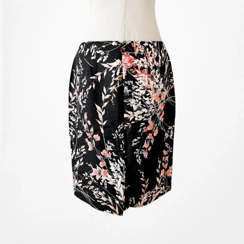 Vintage Y2K Black Floral Print Knee Length Straight Pencil Bodycon Skirt Size M